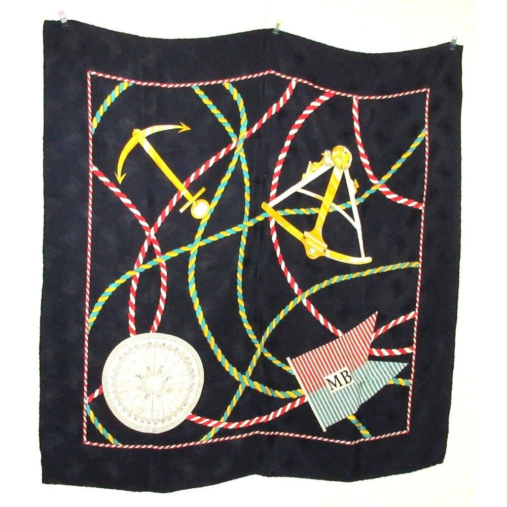 Vintage MANLIO BONETTI Silk Scarf Navy Blue Maritime Nautical Art 34" Square